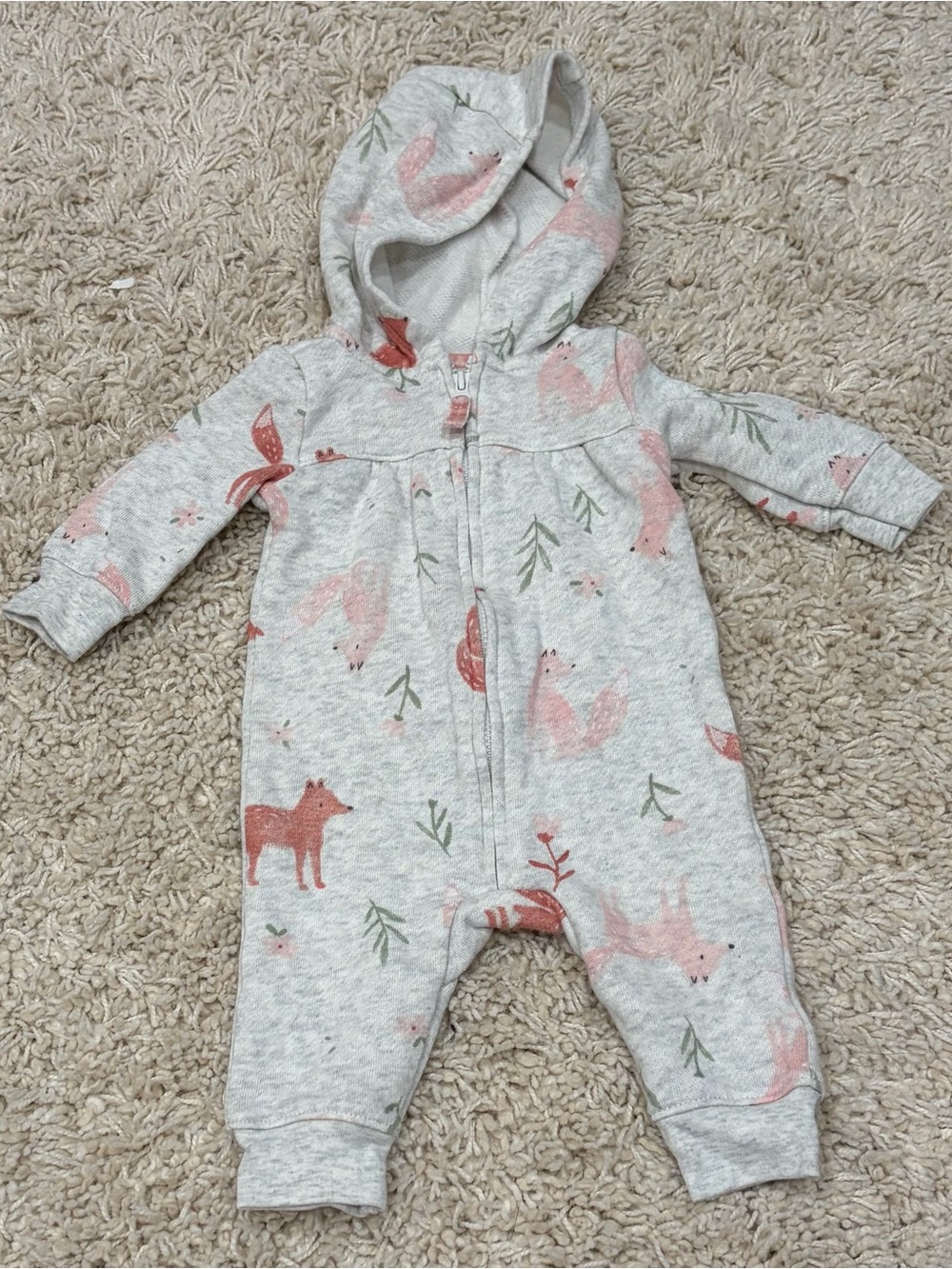 Carters Baby Hooded One-Piece in Heather Gray with Pink Fox Print